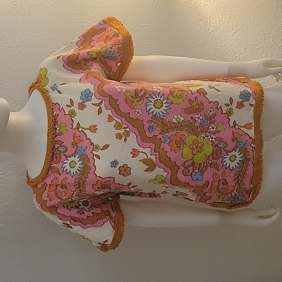 HANDMADE 1960s-1970s Flower Power Mod Burlap Short Sleeve Festival Blouse - Picture 4 of 5